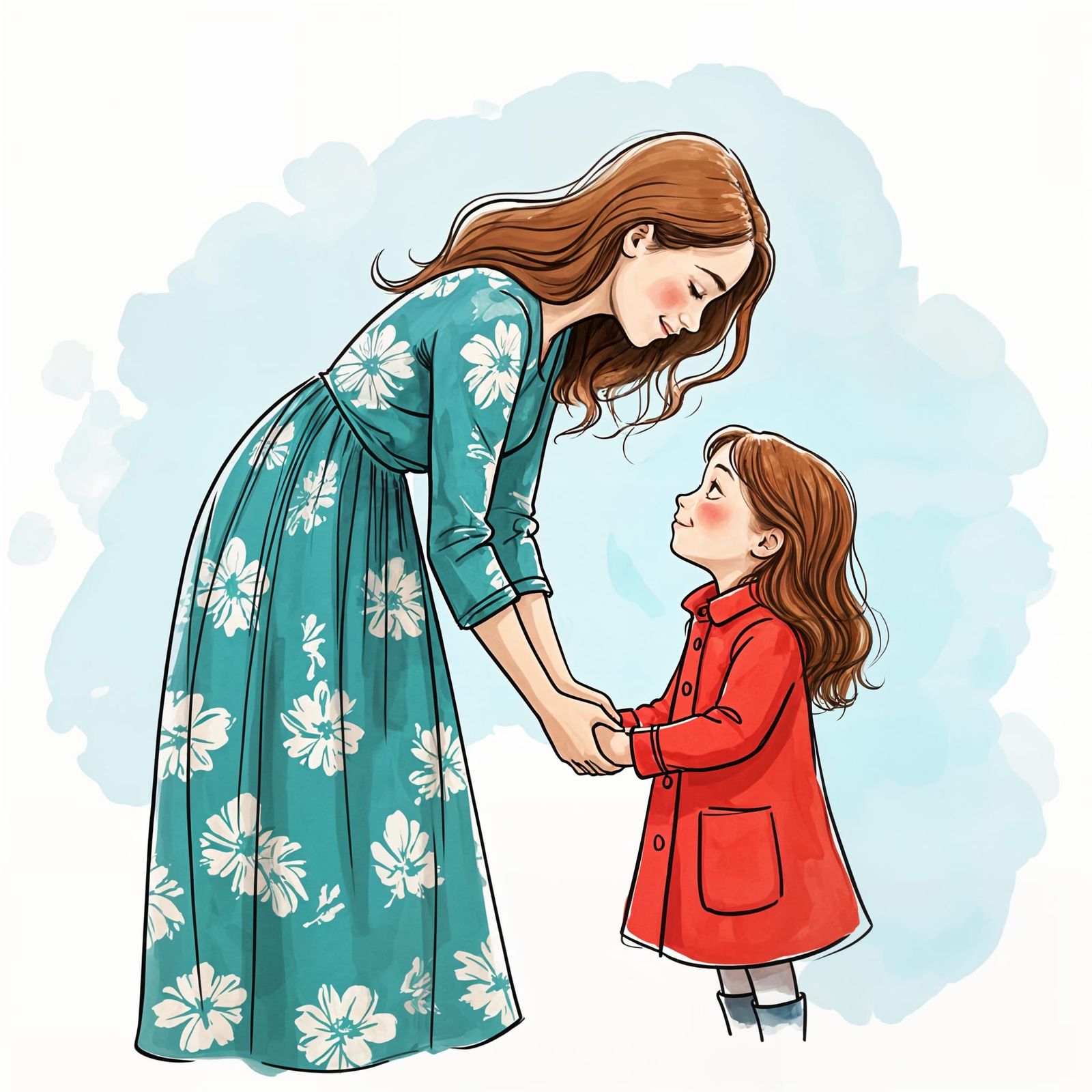 Mother and Daughter Share Tender Moment in Watercolor Sketch