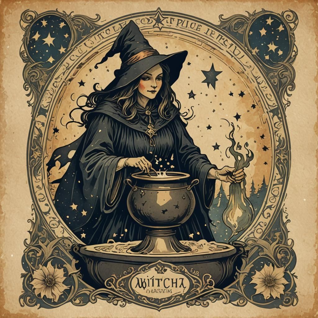 Witch Brewing Star Potion: Art Nouveau Label
