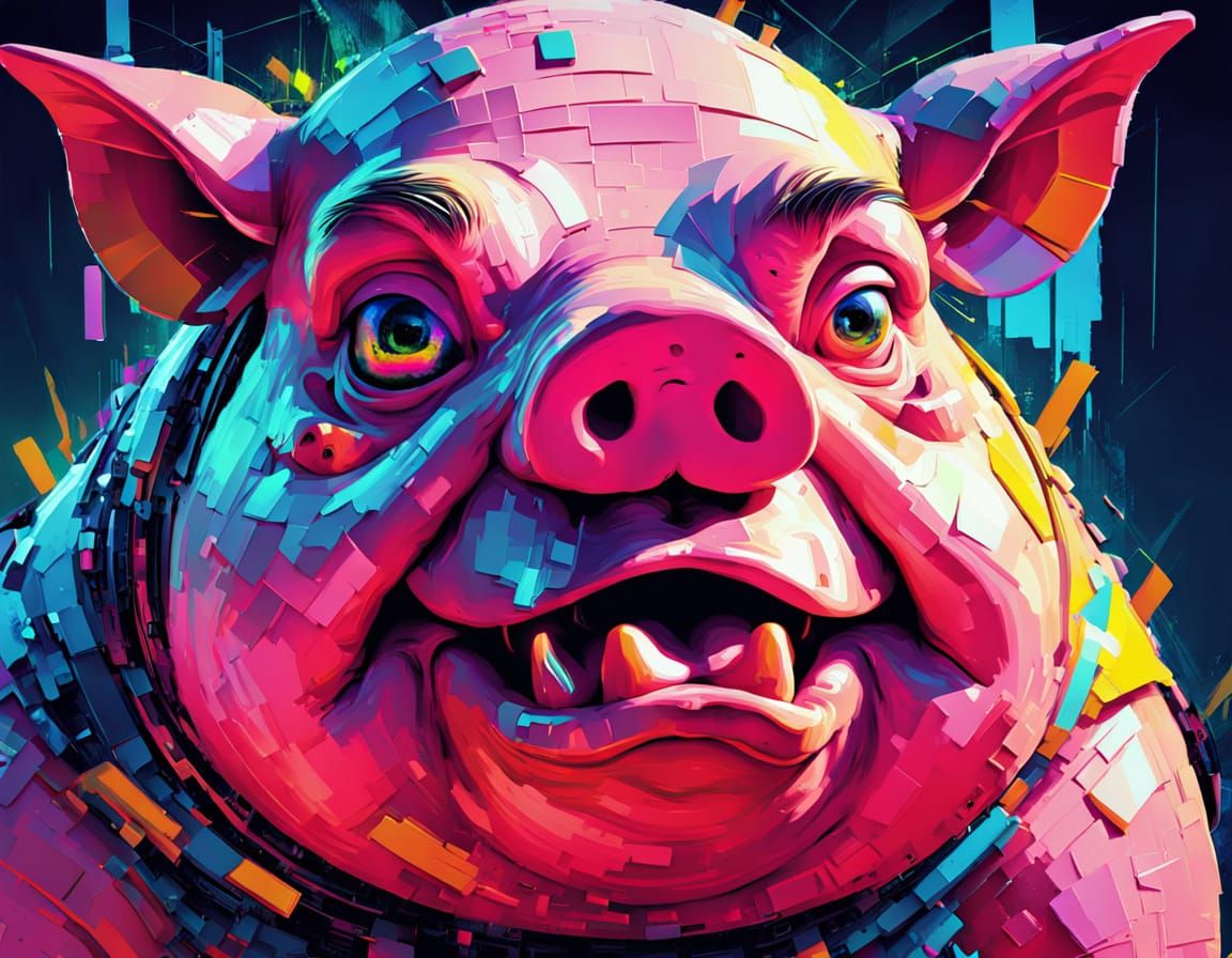 Glitch Art Pig Man with Neon Fragments