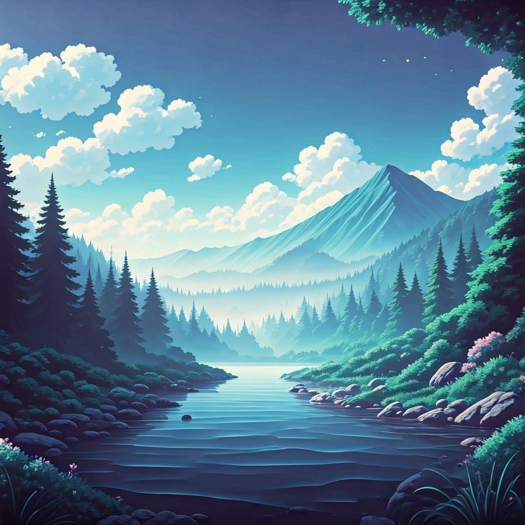 Dreamy Neon Landscape with Majestic Mountains and Mystical F...