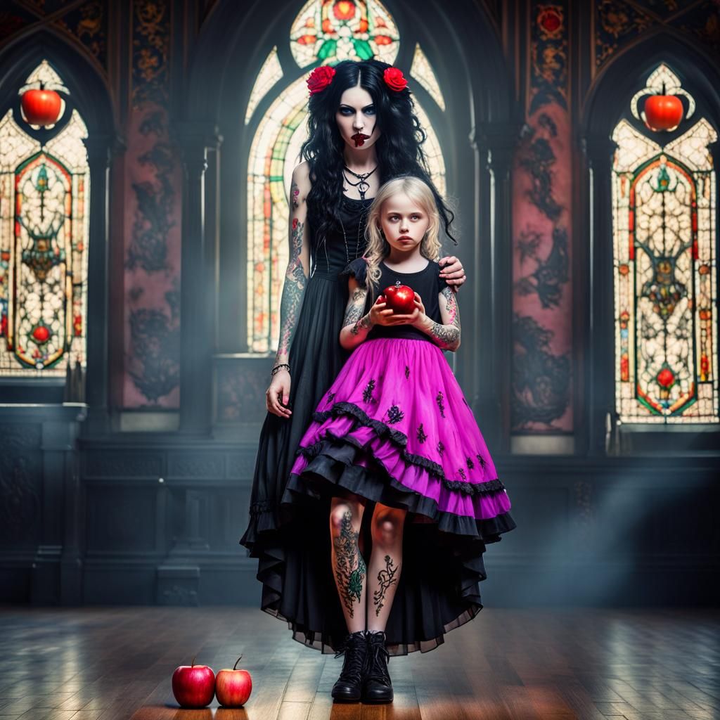 Goth Woman Offers Apple to Child: Hyperrealistic Image