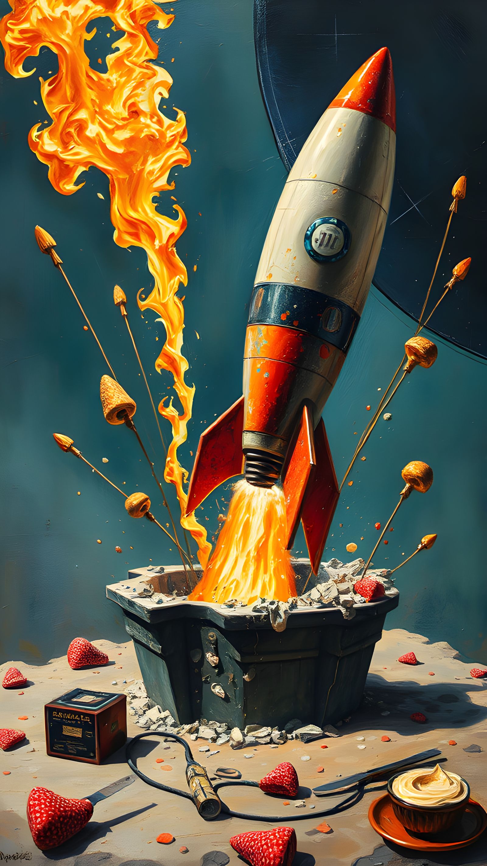 Rocket Ashtray Launch in a Surreal Oil Painting Style
