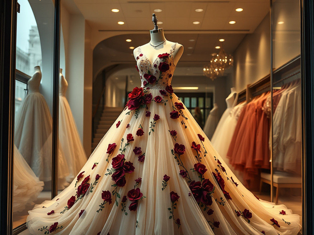 Vintage Champagne Wedding Dress with 3D Floral Appliques