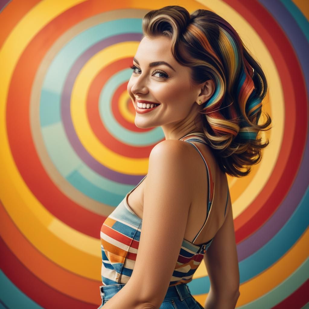 Smiling Woman with Vintage Hair in Colorful Photo