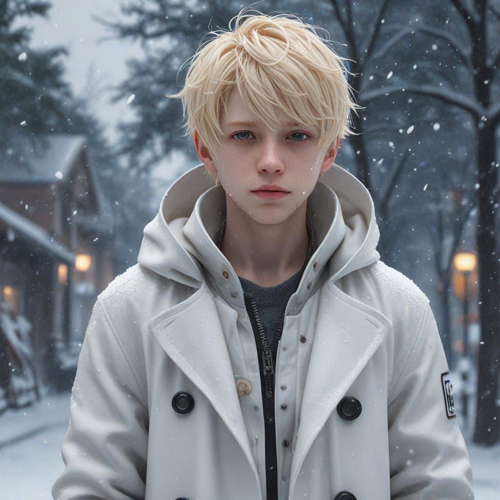 Anime-Inspired Boy Endures Blizzard in White Coat