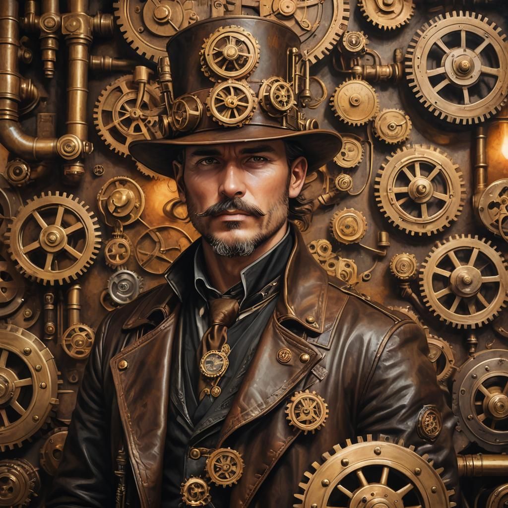 Steampunk Leather Artisan in Industrial Oil Painting Style