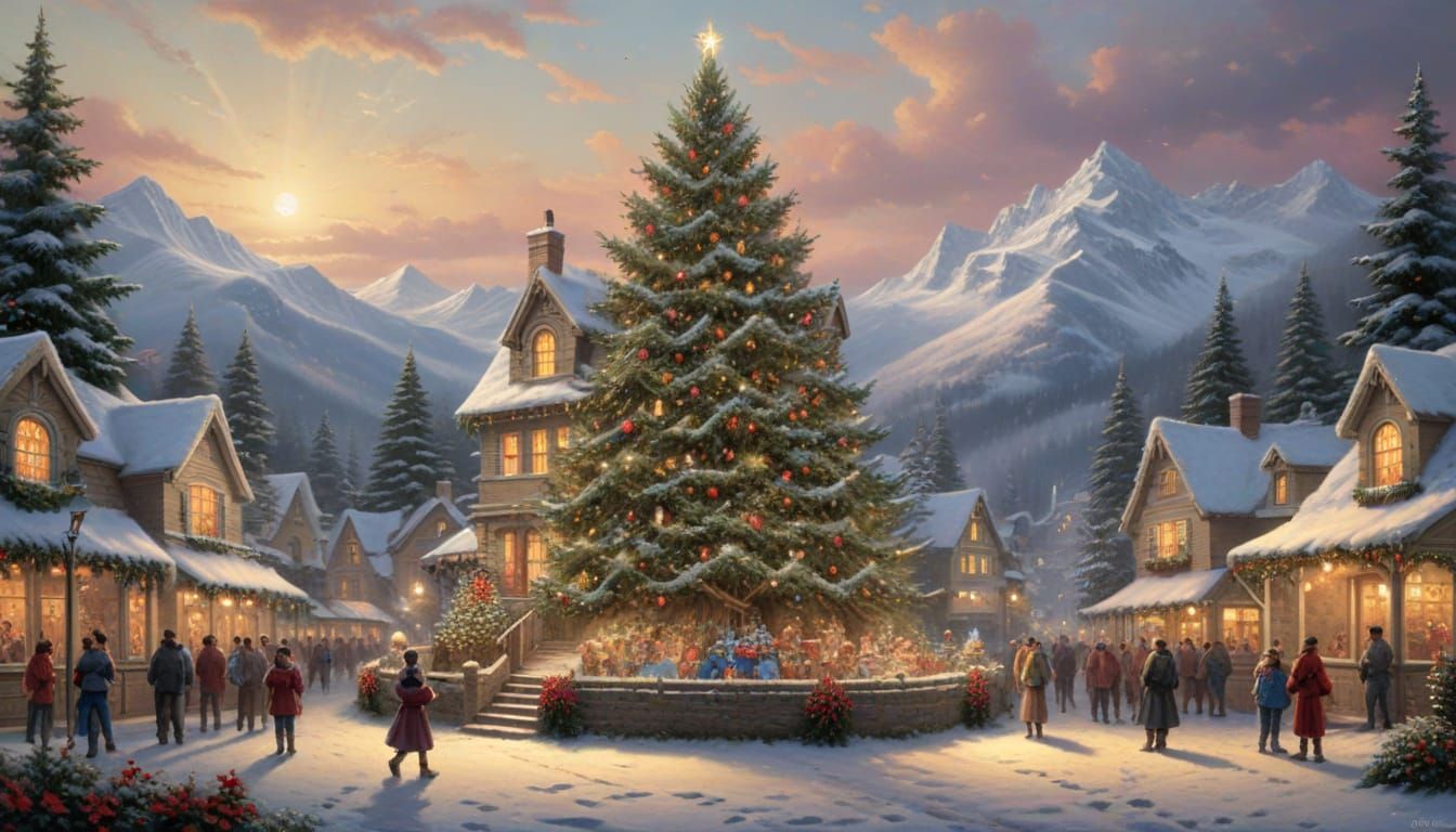 Giant Christmas Tree in Thomas Kinkade Style