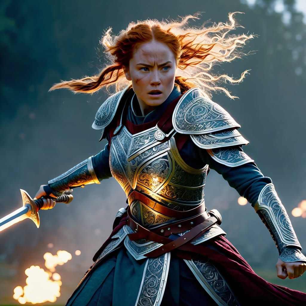Warrior Queen Charging into Battle with Magical Sword