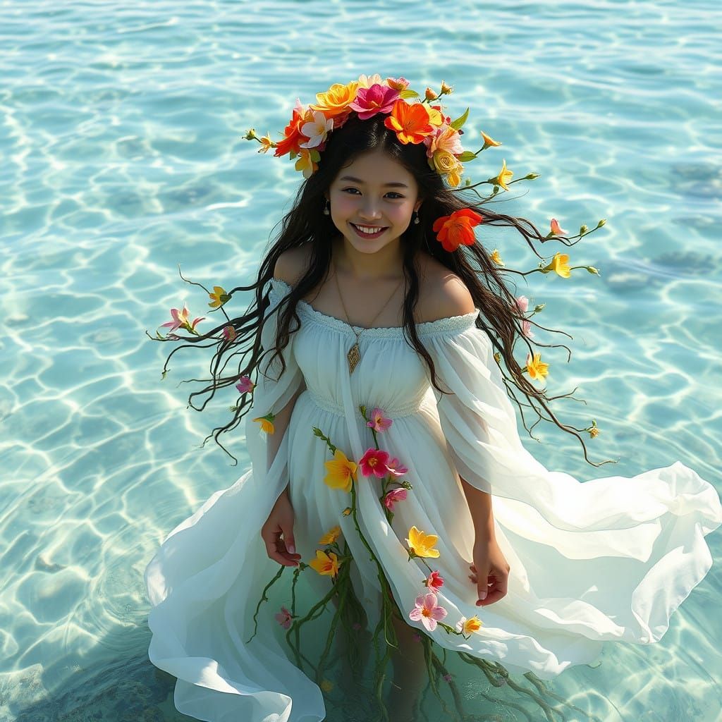 Enchanted Underwater Goddess with Blooming Floral Crown