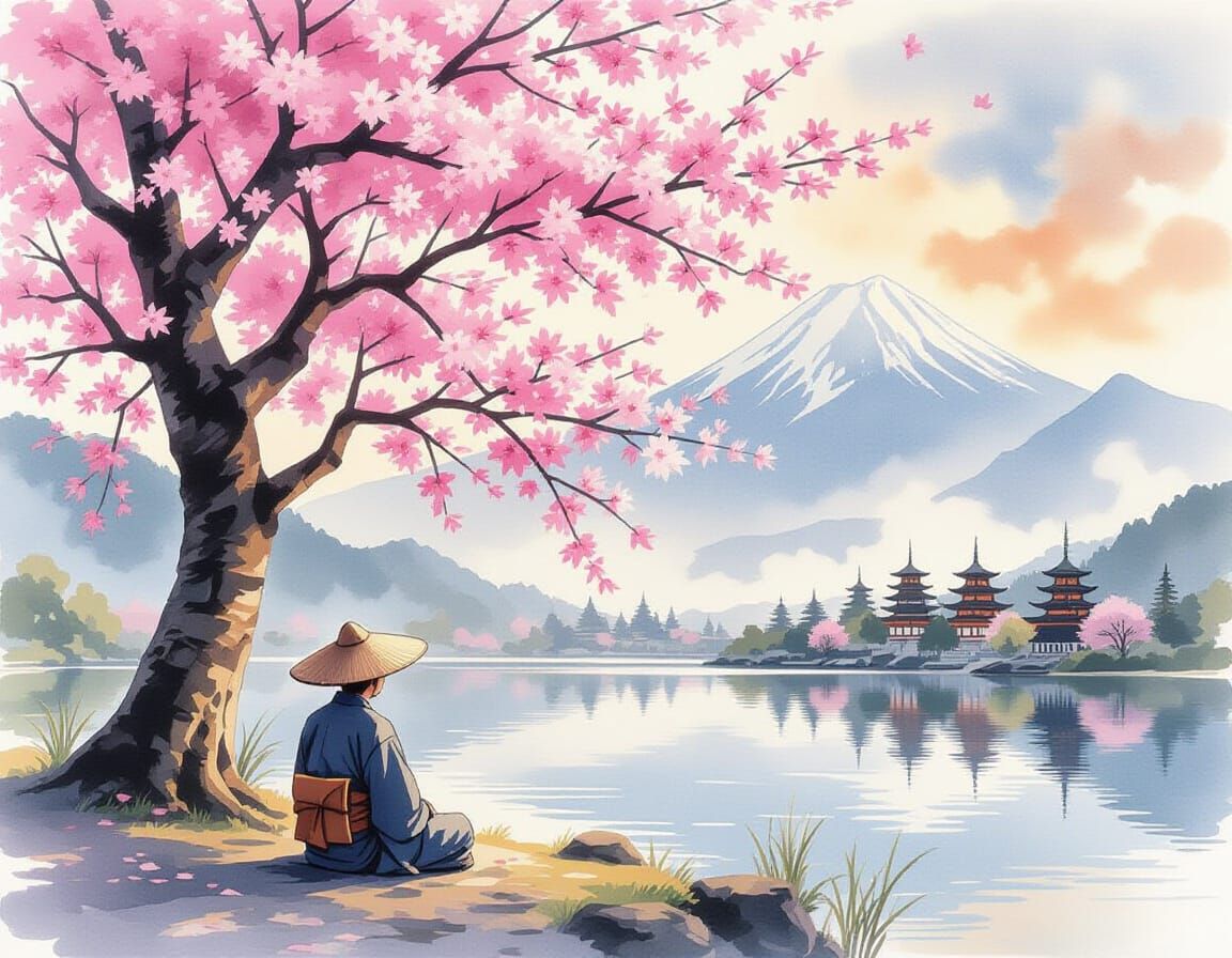 Sakura Tree and Lake in Japanese Watercolor Style