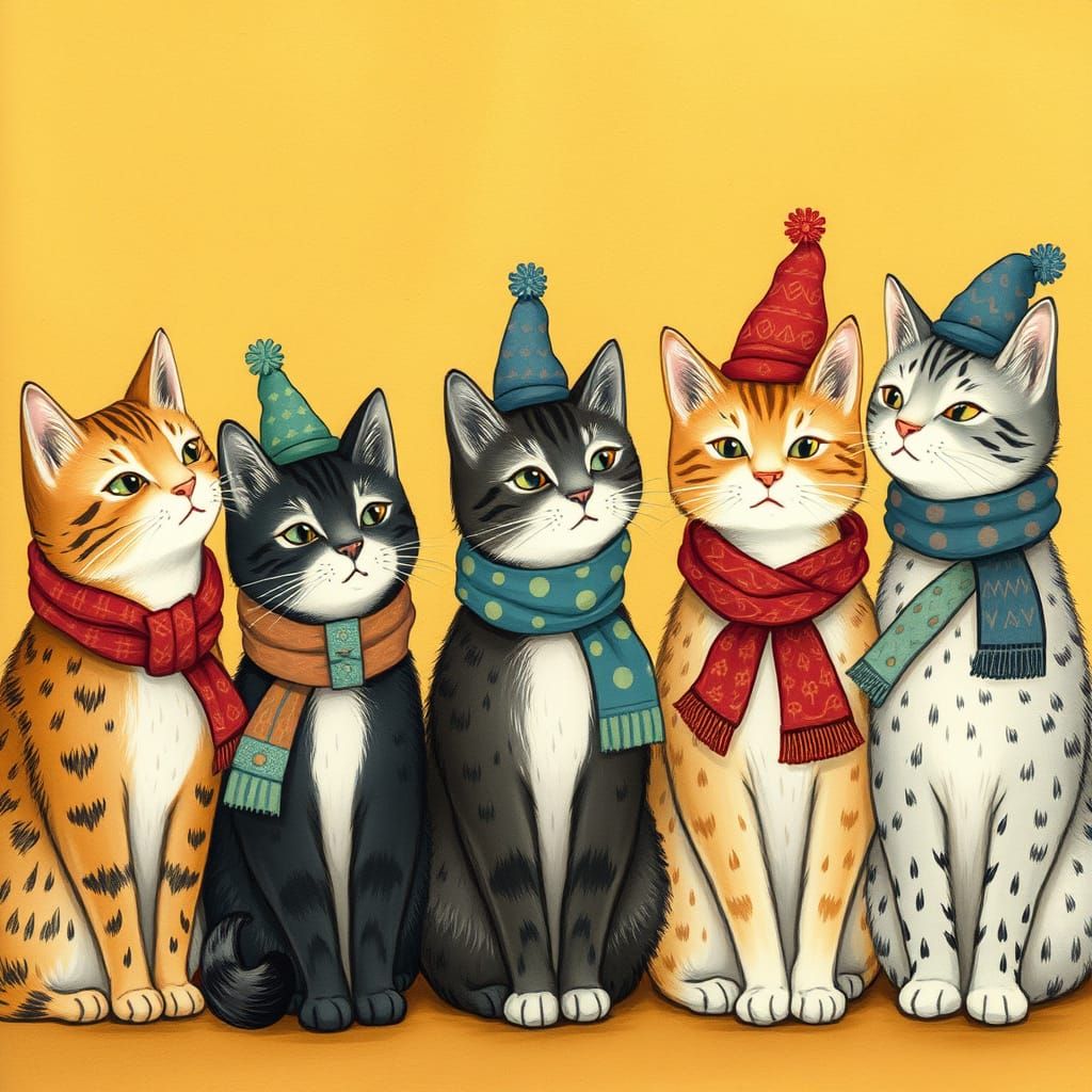 Cats in Hats and Scarves, Beatrix Potter Style