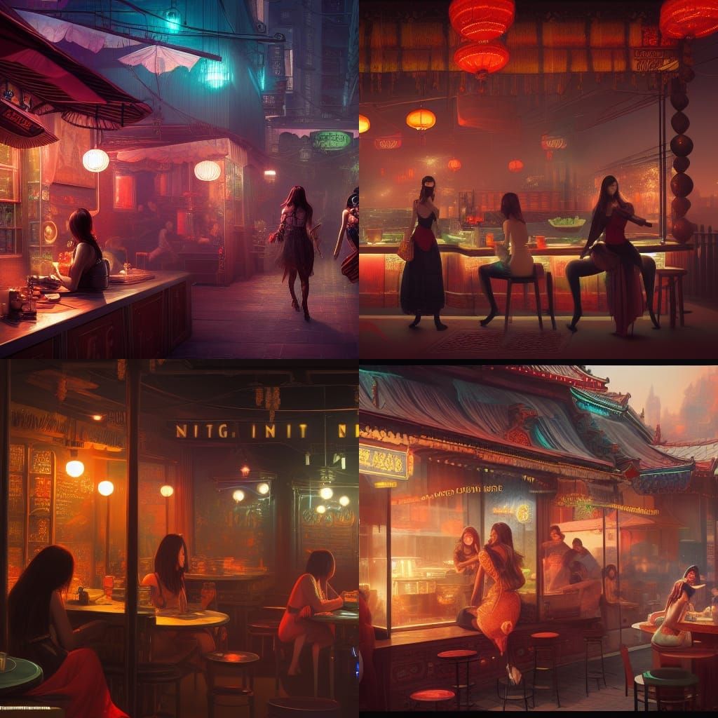 Asian Women in a Fantastical Night Cafe