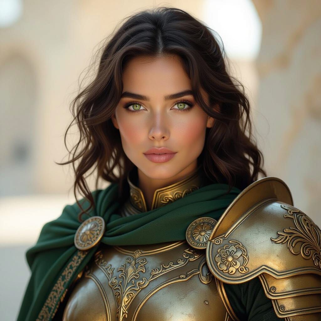 Aasimar Warrior with Bronze Tan and Green Eyes