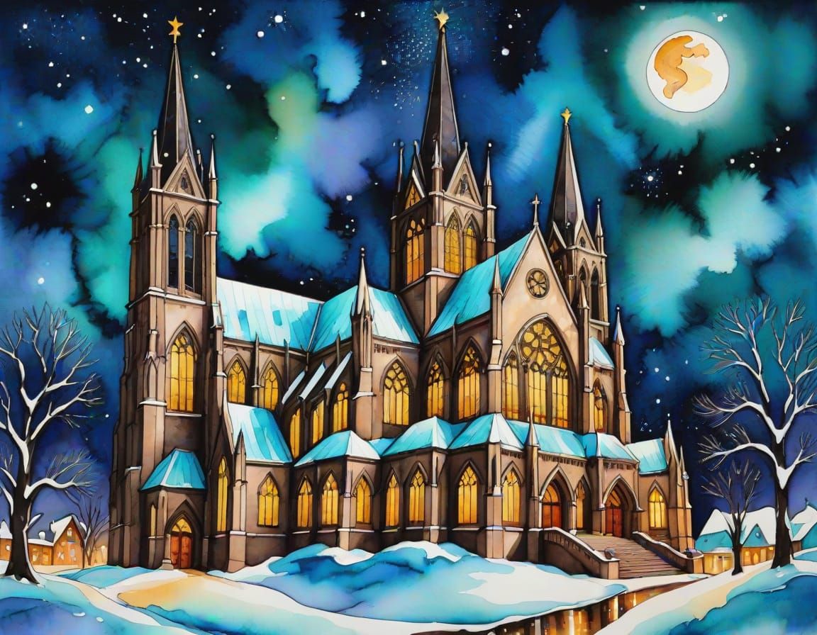 Gothic Cathedral Under Starry Sky, Alcohol Ink