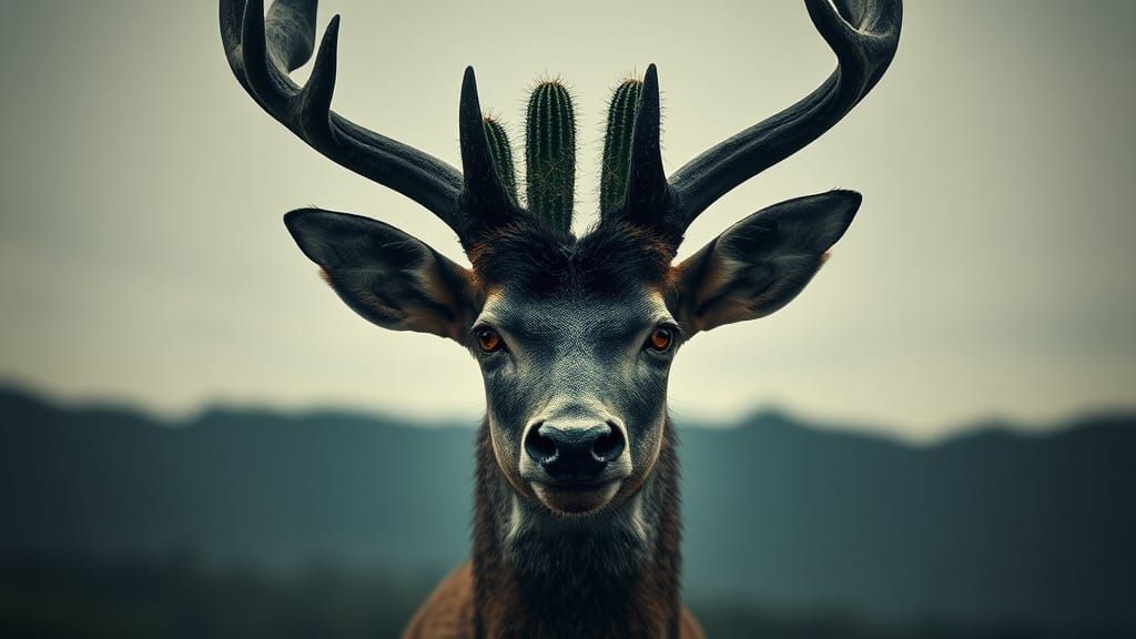Cactus Buck with Horns in Fantasy Double Exposure