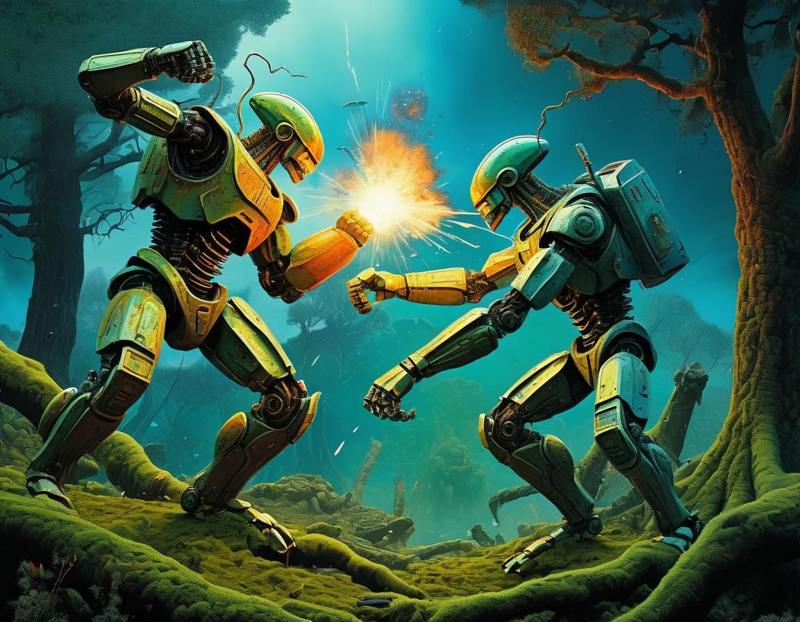 Robots Boxing on Mossy Branch in Moebius Style