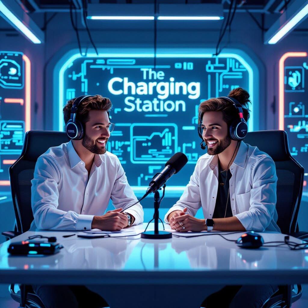 Podcast Recording Scene in Futuristic Minimalist Style