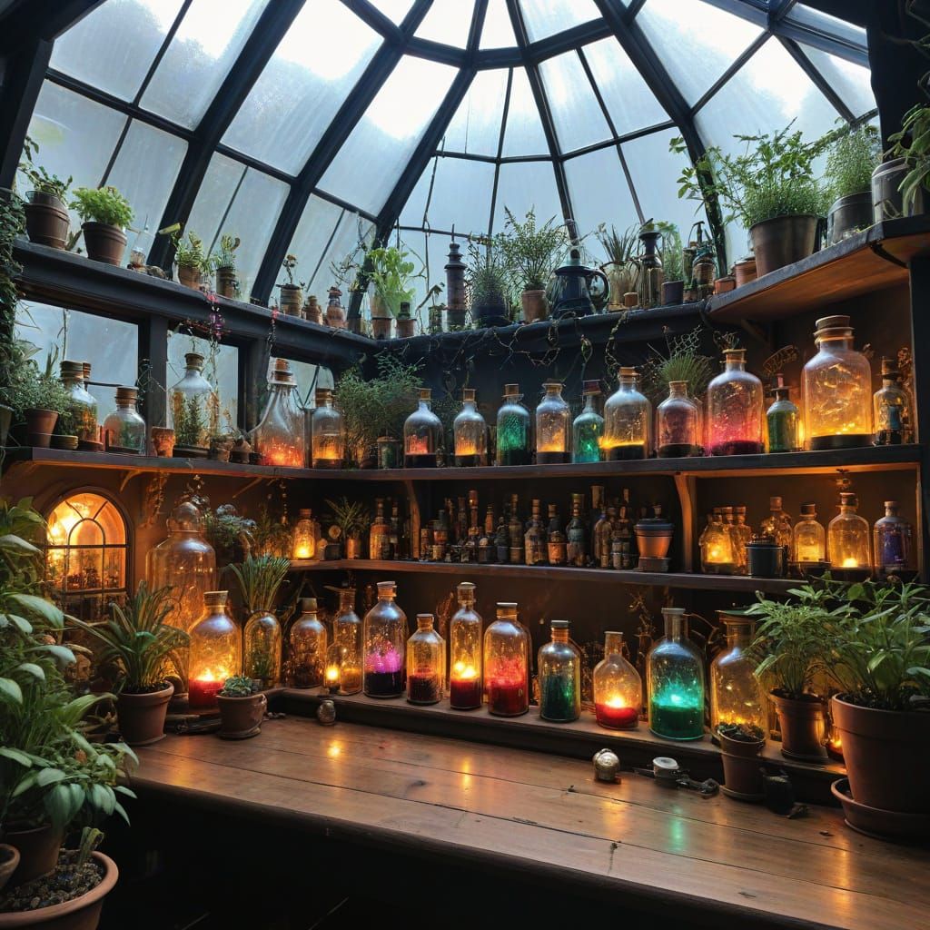 Steampunk Witch Brewing Potions in Conservatory