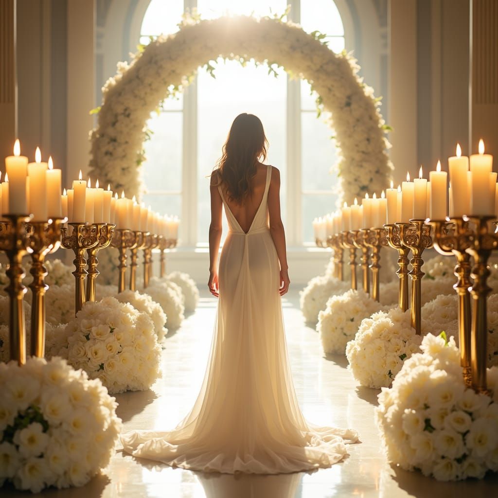 white bridal aisle lined with candles. The candles are lit