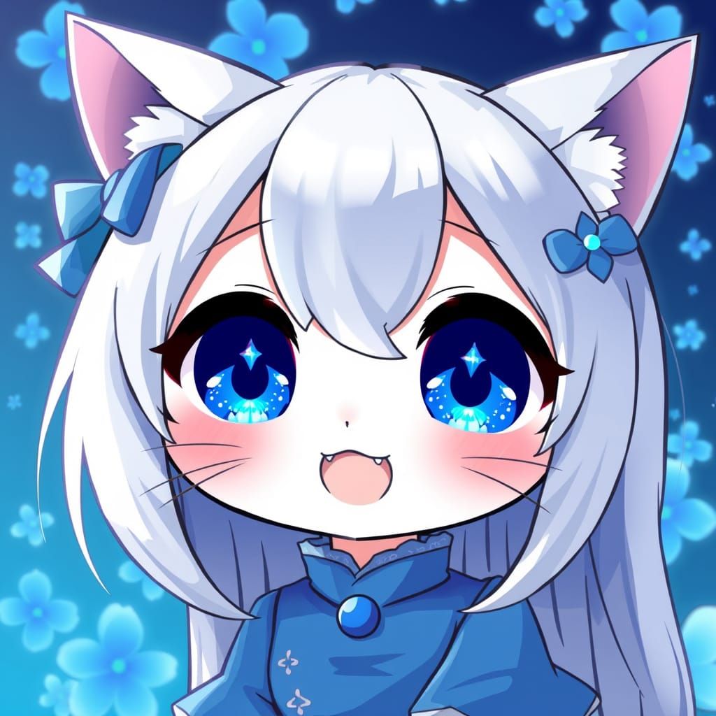 Adorable Chibi Anime Catgirl with Sparkling Blue Eyes