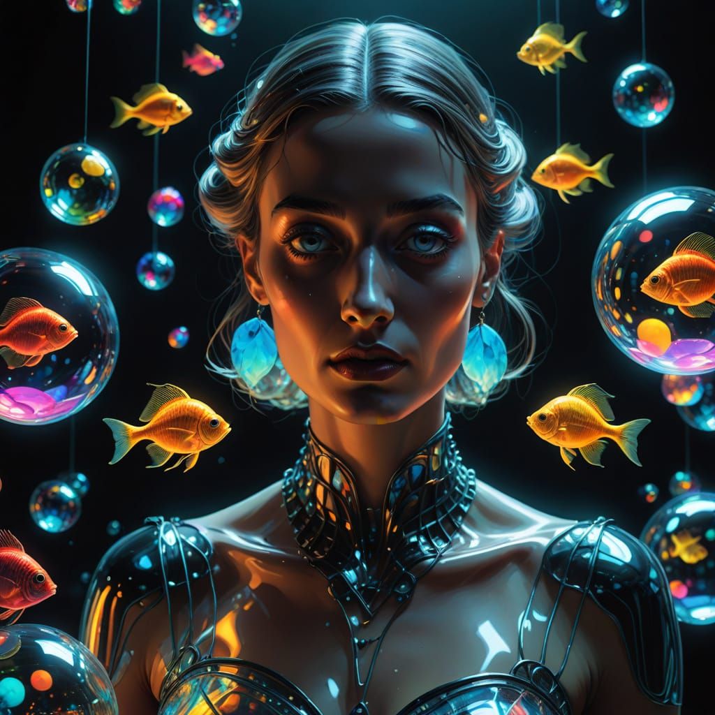 Surreal Transparent Glass Figure with Neon Highlights