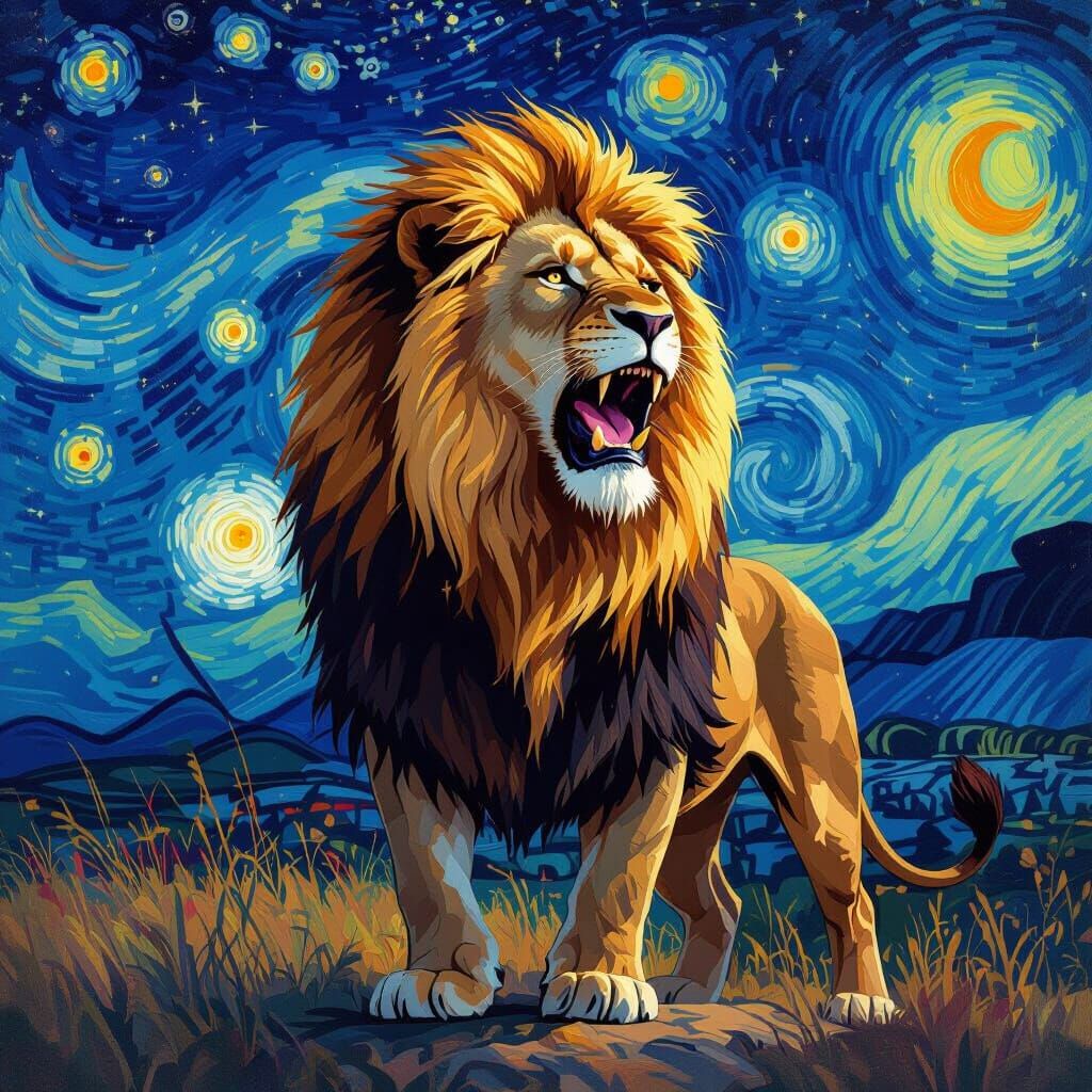 Majestic Lion Roaring Under a Starry Sky