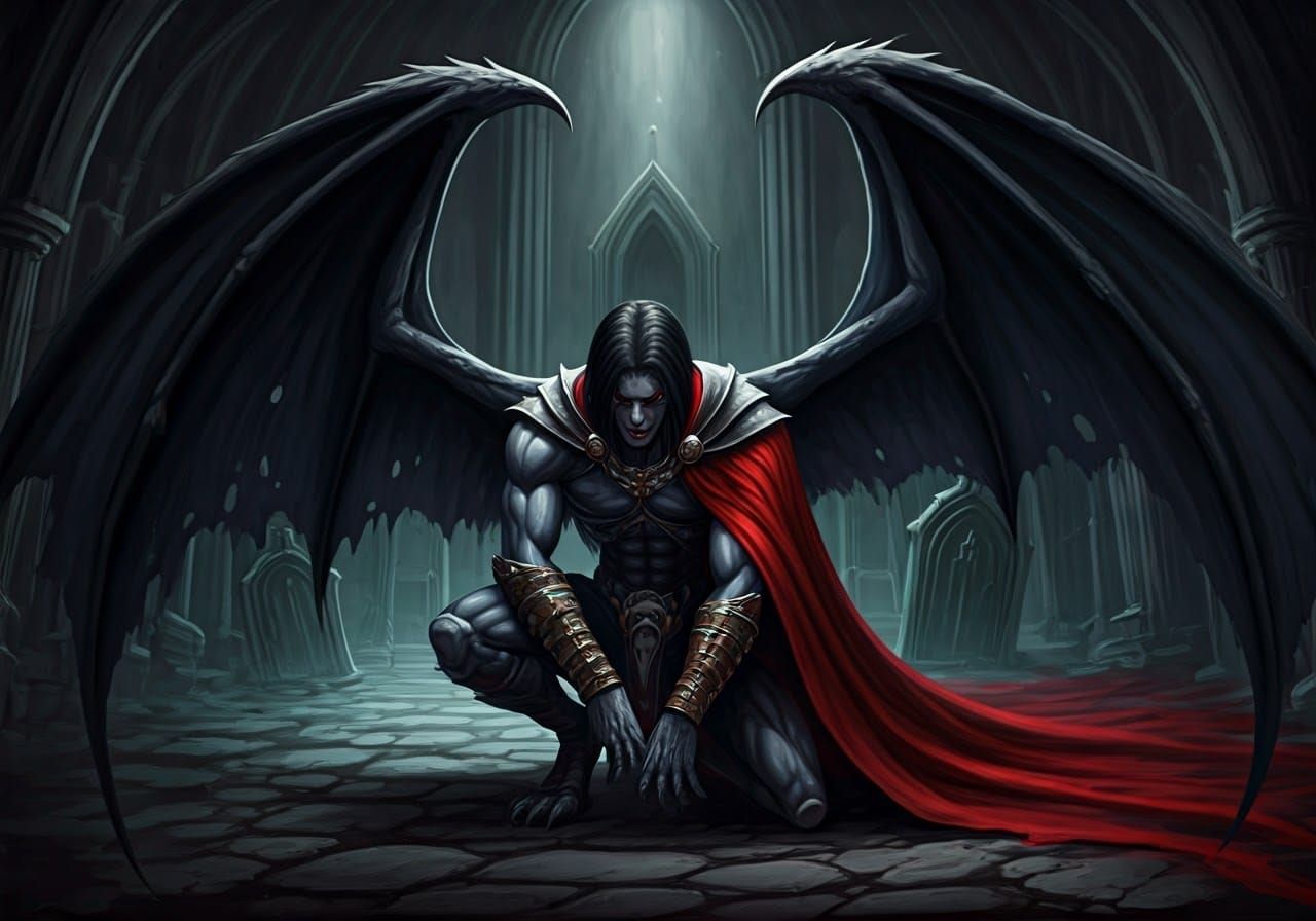 Vampire with Open Wings in Sinister Crypt