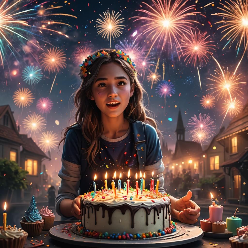 Girl Blows Out Birthday Candles with Fireworks