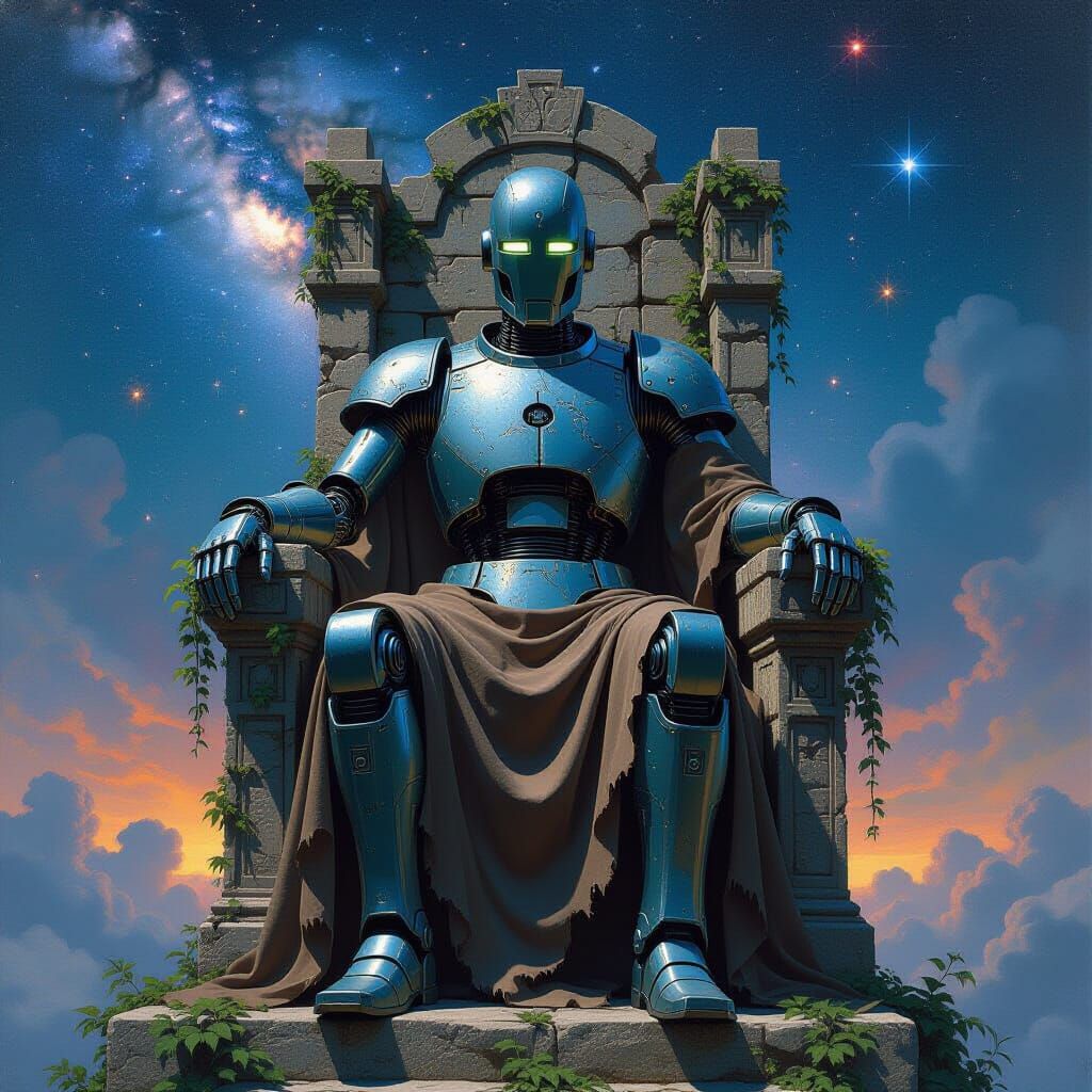 Robot God on Throne: Hyperrealist Cosmic Painting