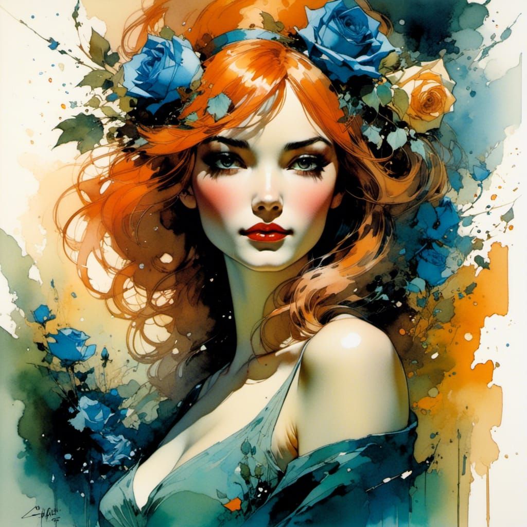Enchanting Woman with Blue Roses, Ink Art