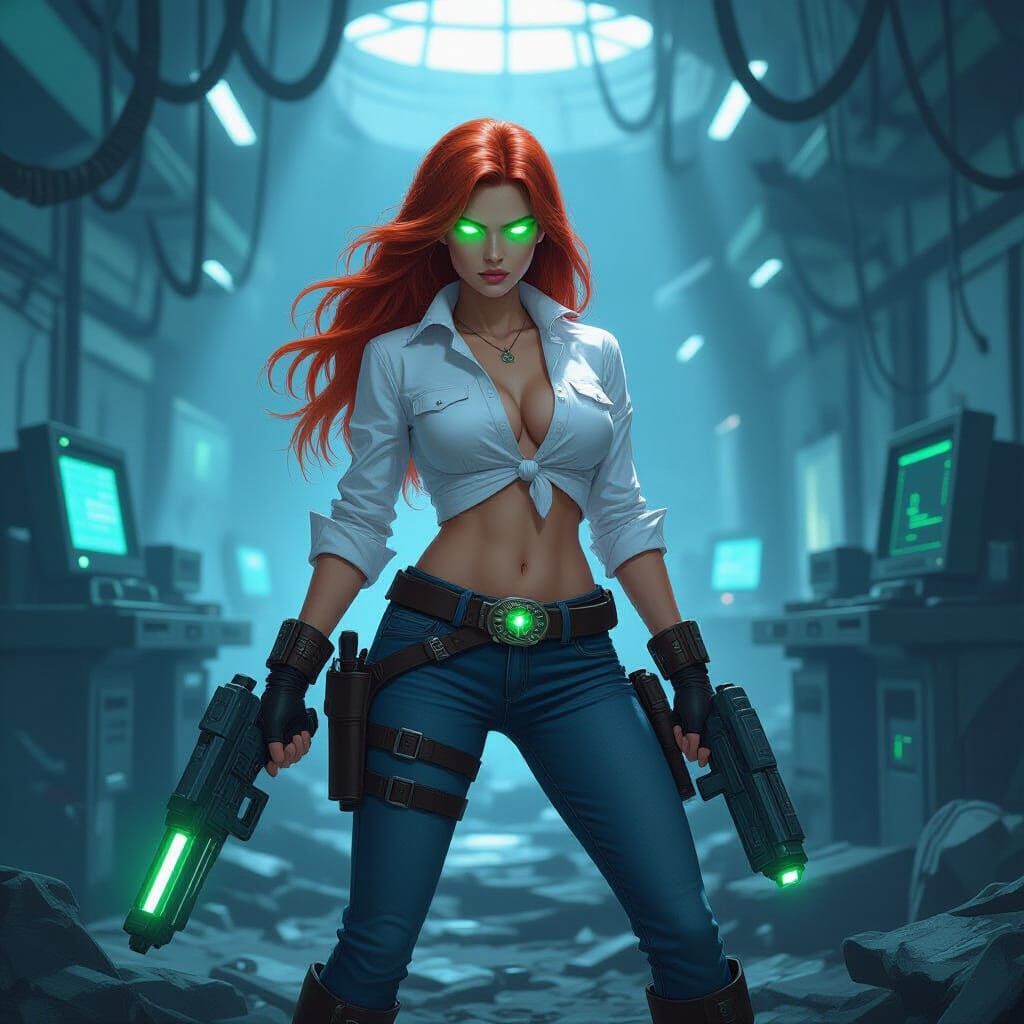 Red-Haired Cowgirl in Ruined Lab with Futuristic Weapon