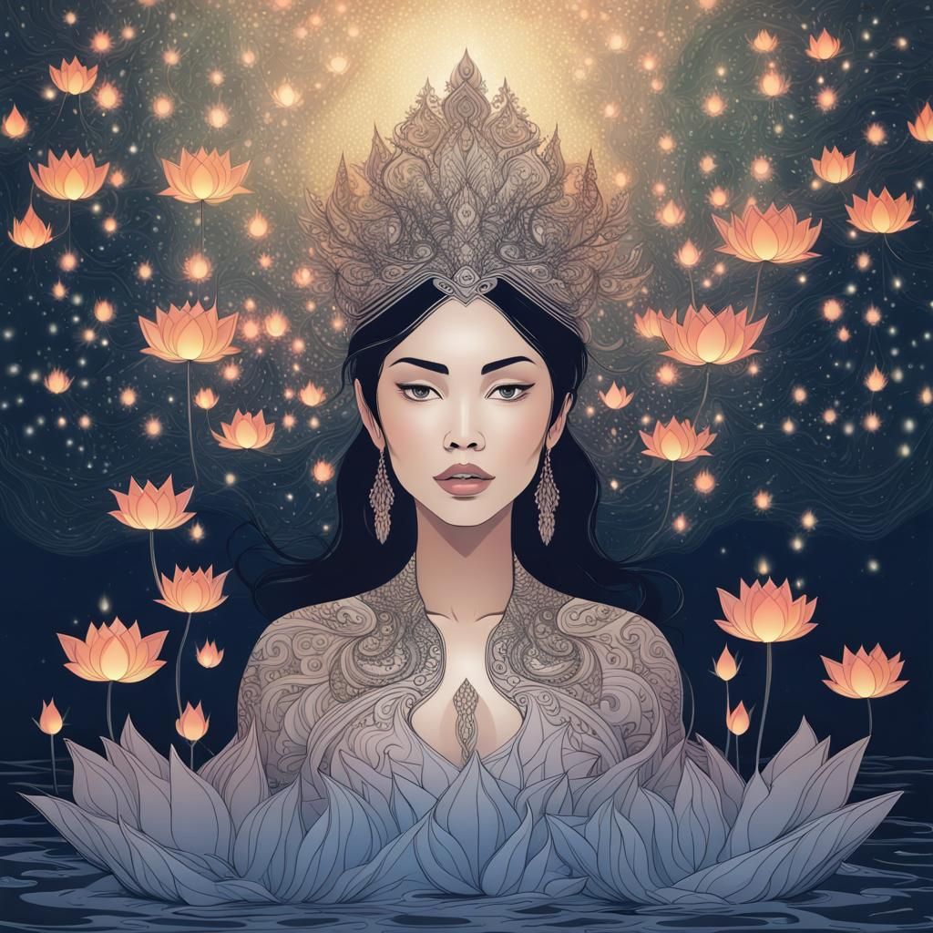Lotus Queen in Pond with Fireflies