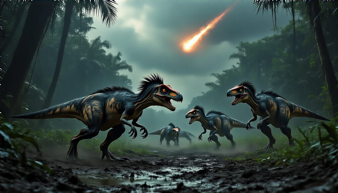 Fierce Feathered Velociraptors Hunt in Dark Rainforest