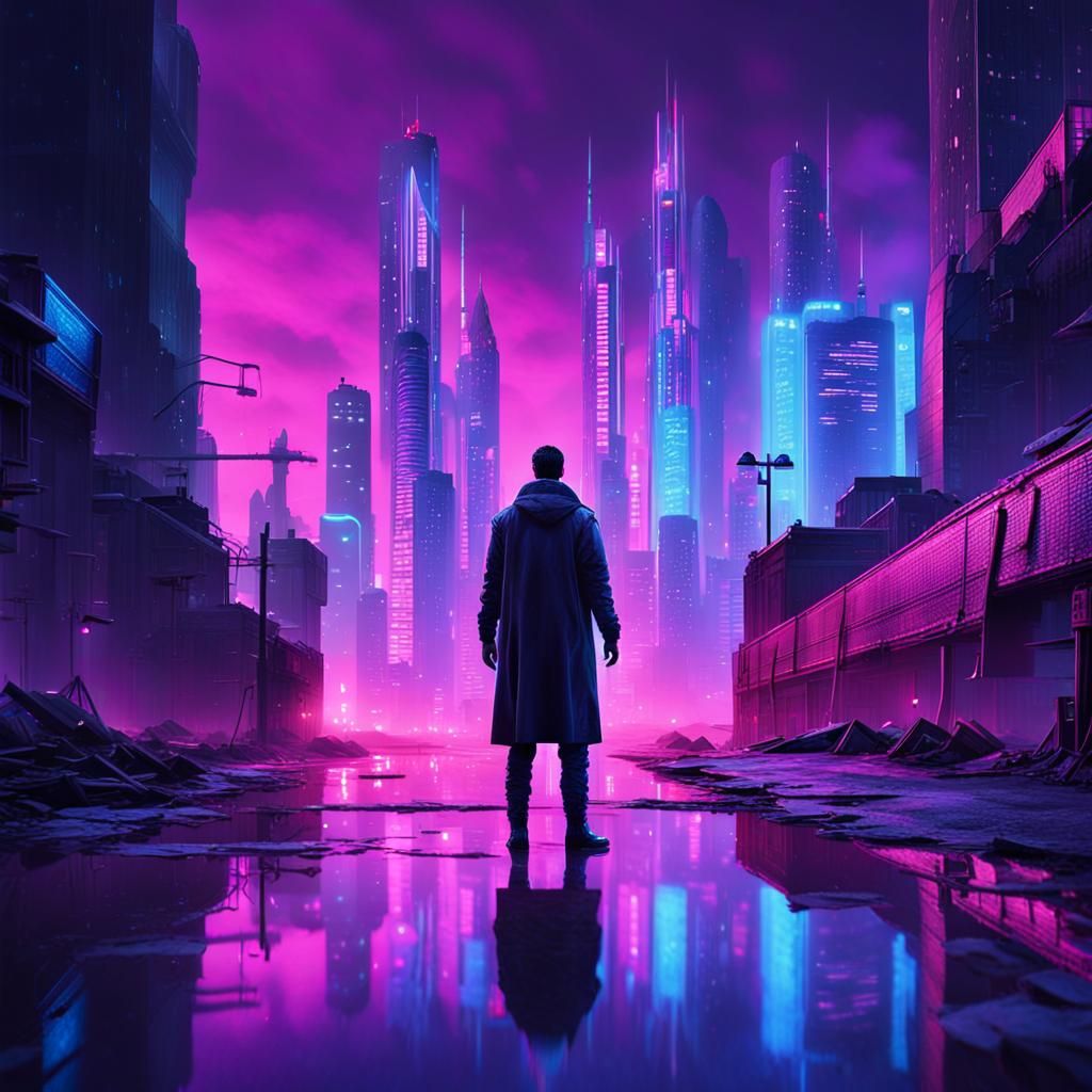 Cyberpunk Figure in Dystopian Cityscape