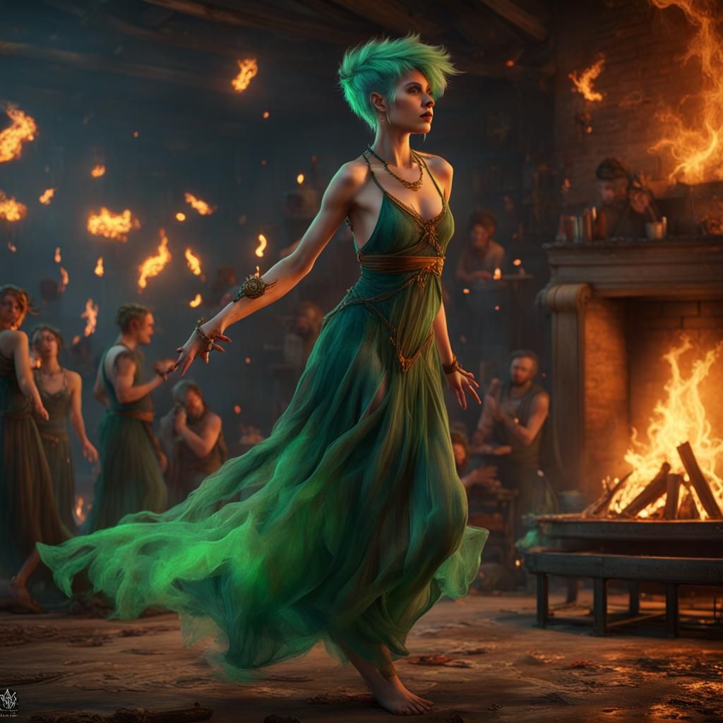 Green-Haired Pixie Dancing at Beltane's Party