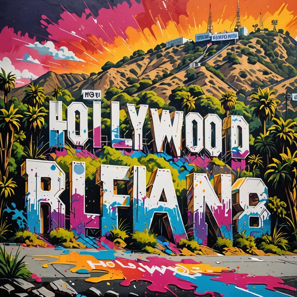 Hollywood Sign Graffiti Art in Polychromatic Splash Style