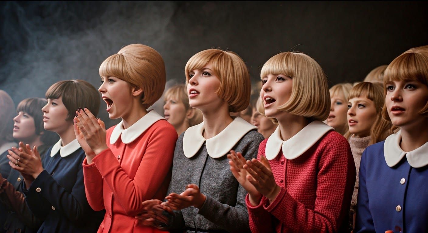 Teenage Fans in Vibrant 1960s Attire, Captured in a Cinemati...