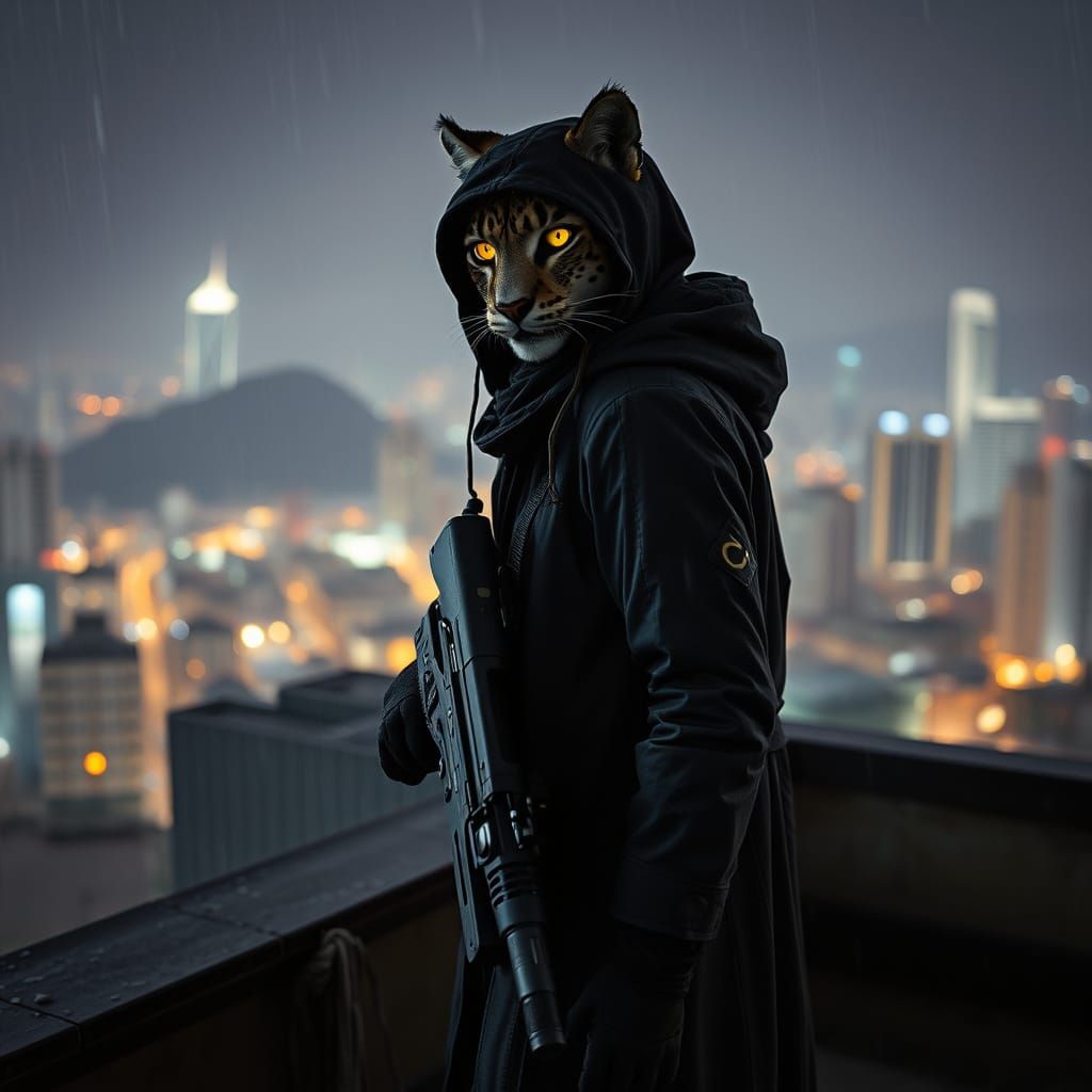 Snow Leopard Vampire Soldier in Rainy Rio at Night