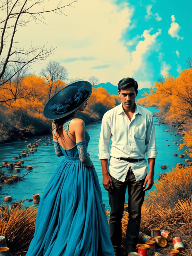 The Woman in Blue Confronts the Man in White in a Desolate L...