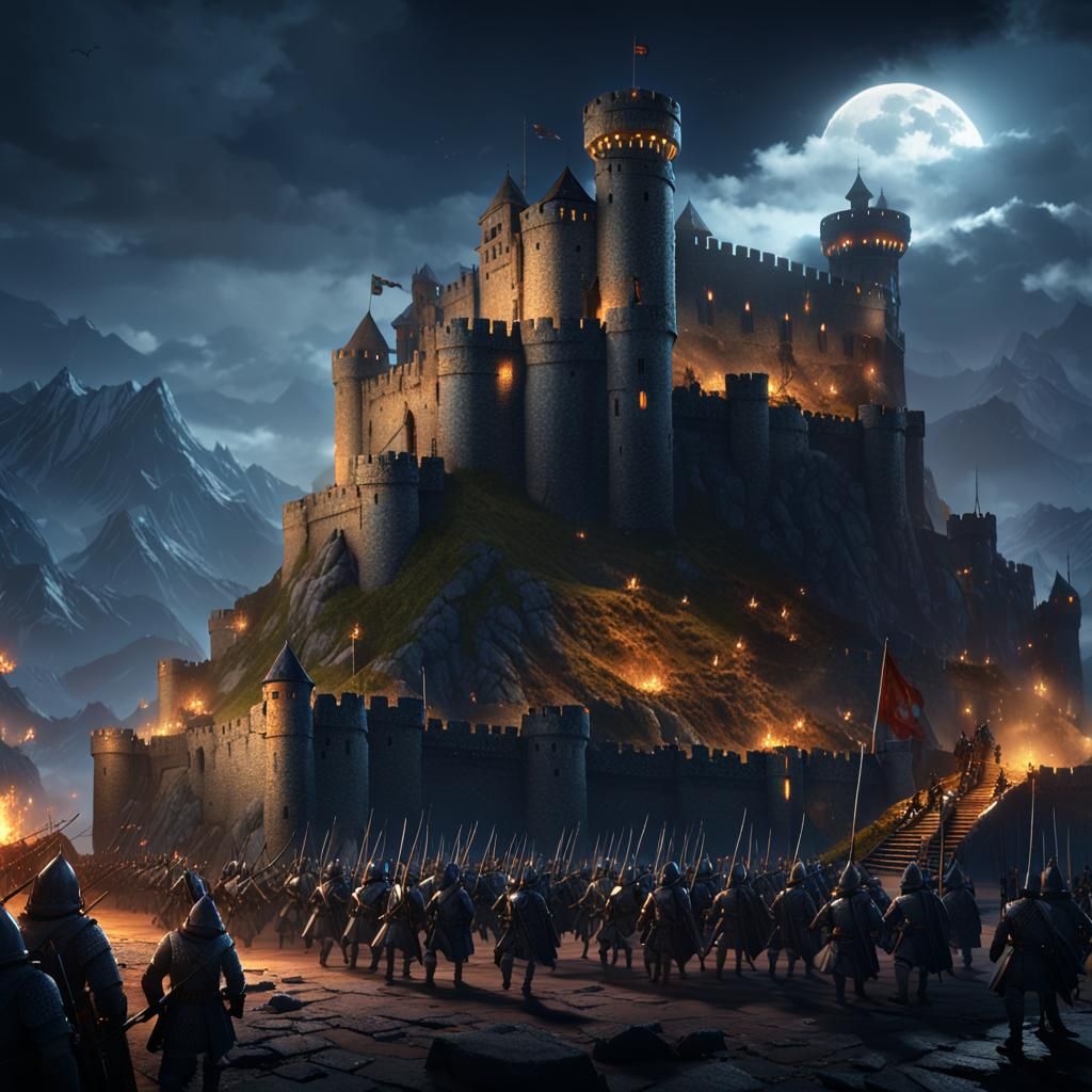 Medieval Castle Under Siege in Dark Fantasy Style