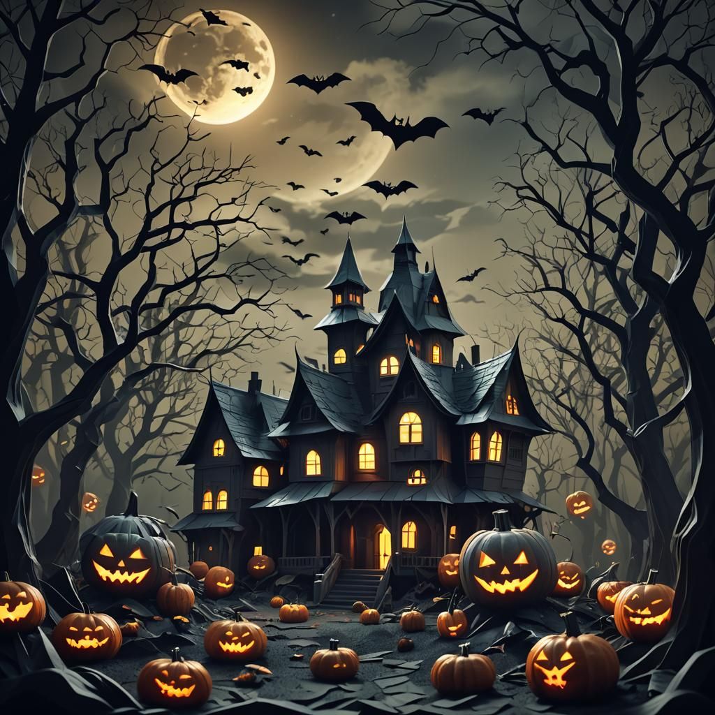Haunted House with Jack-o-Lanterns in Papercraft Art