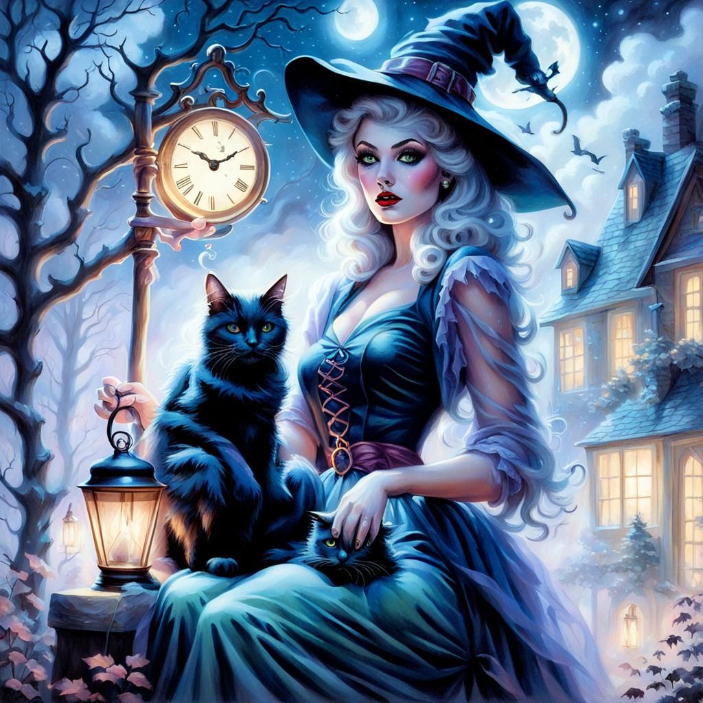 Ethereal Pin-Up Witch with Midnight Cat