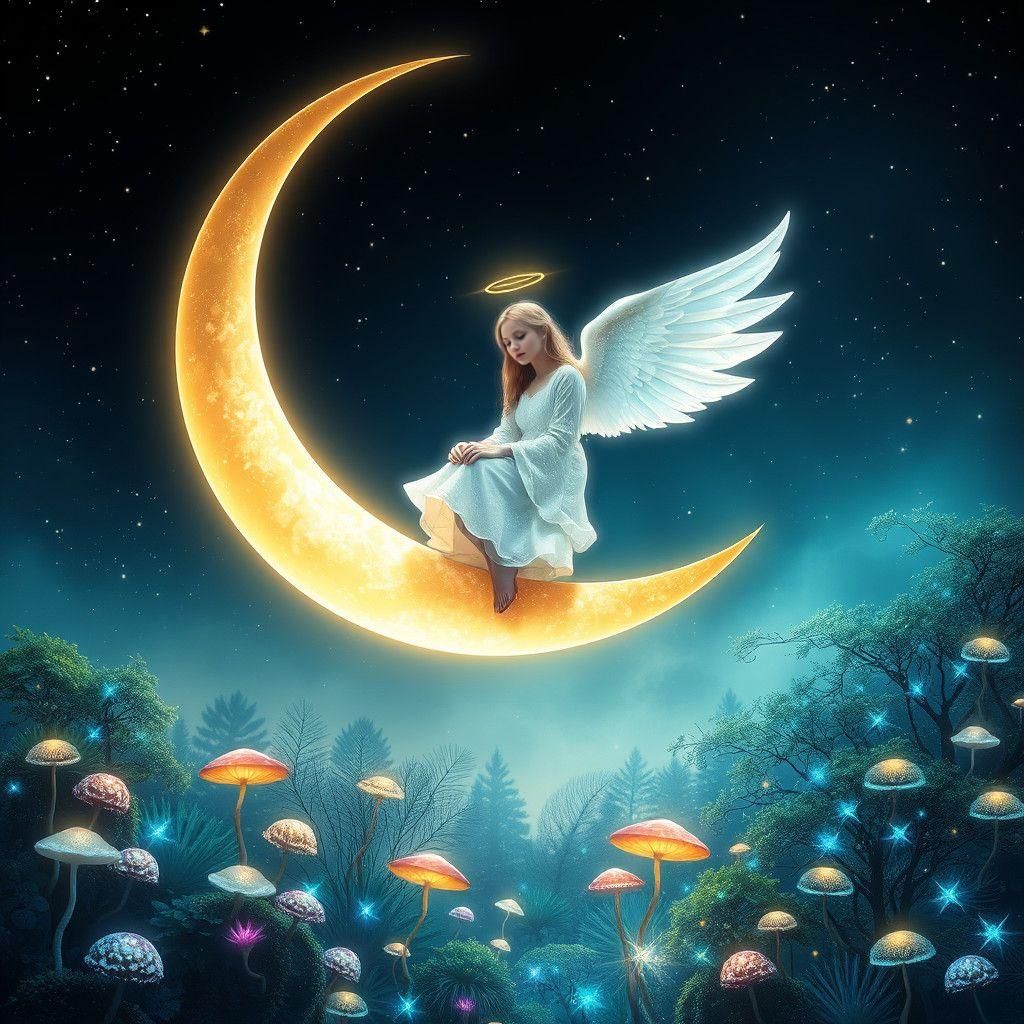 Radiant Light Angel on Crescent Moon
