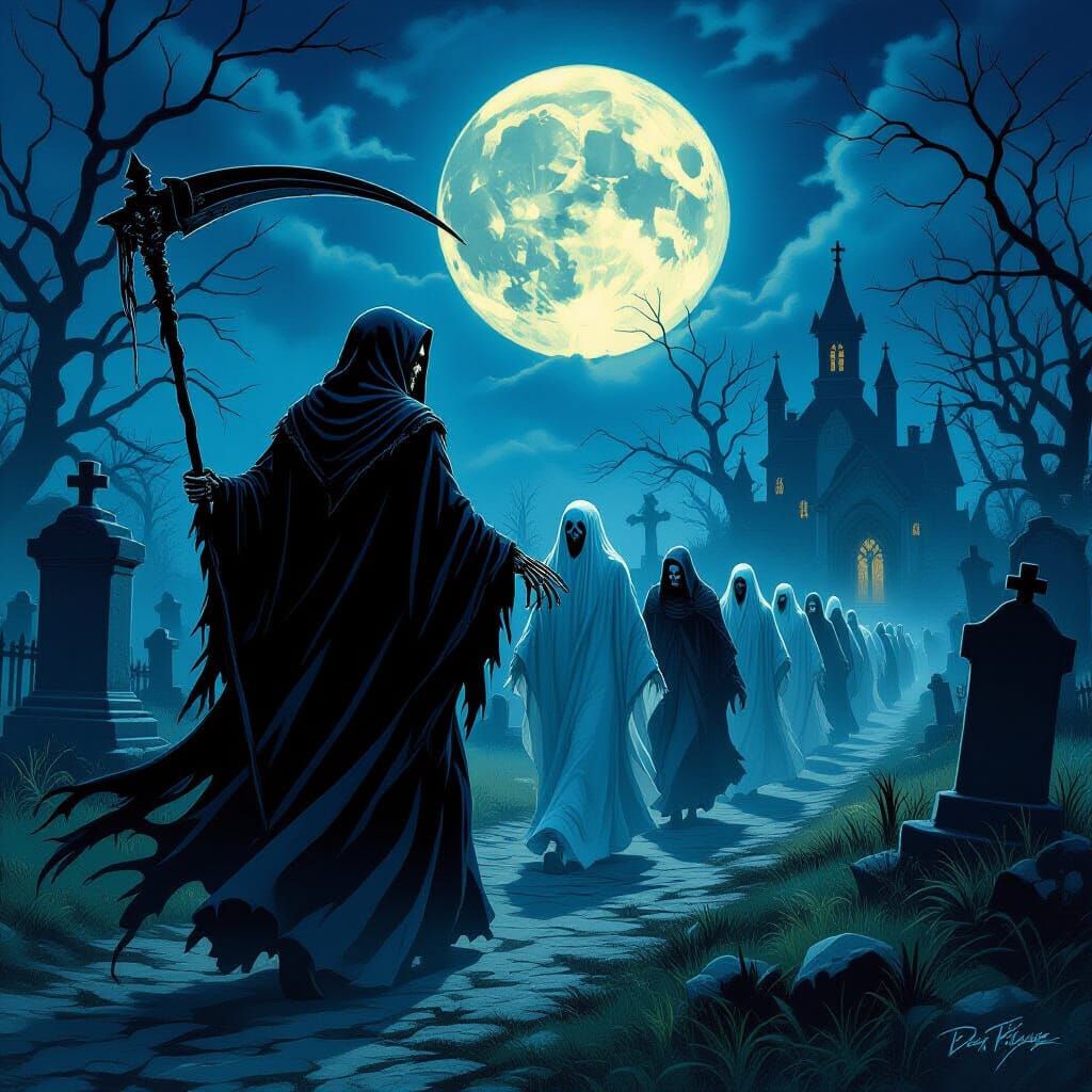 Skeletal Grim Reaper Leads Ghostly Procession in Gothic Grav...