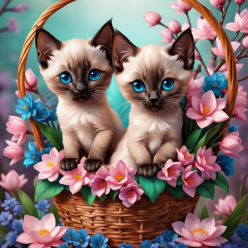 Chibi Siamese Kittens in Spring Flower Basket