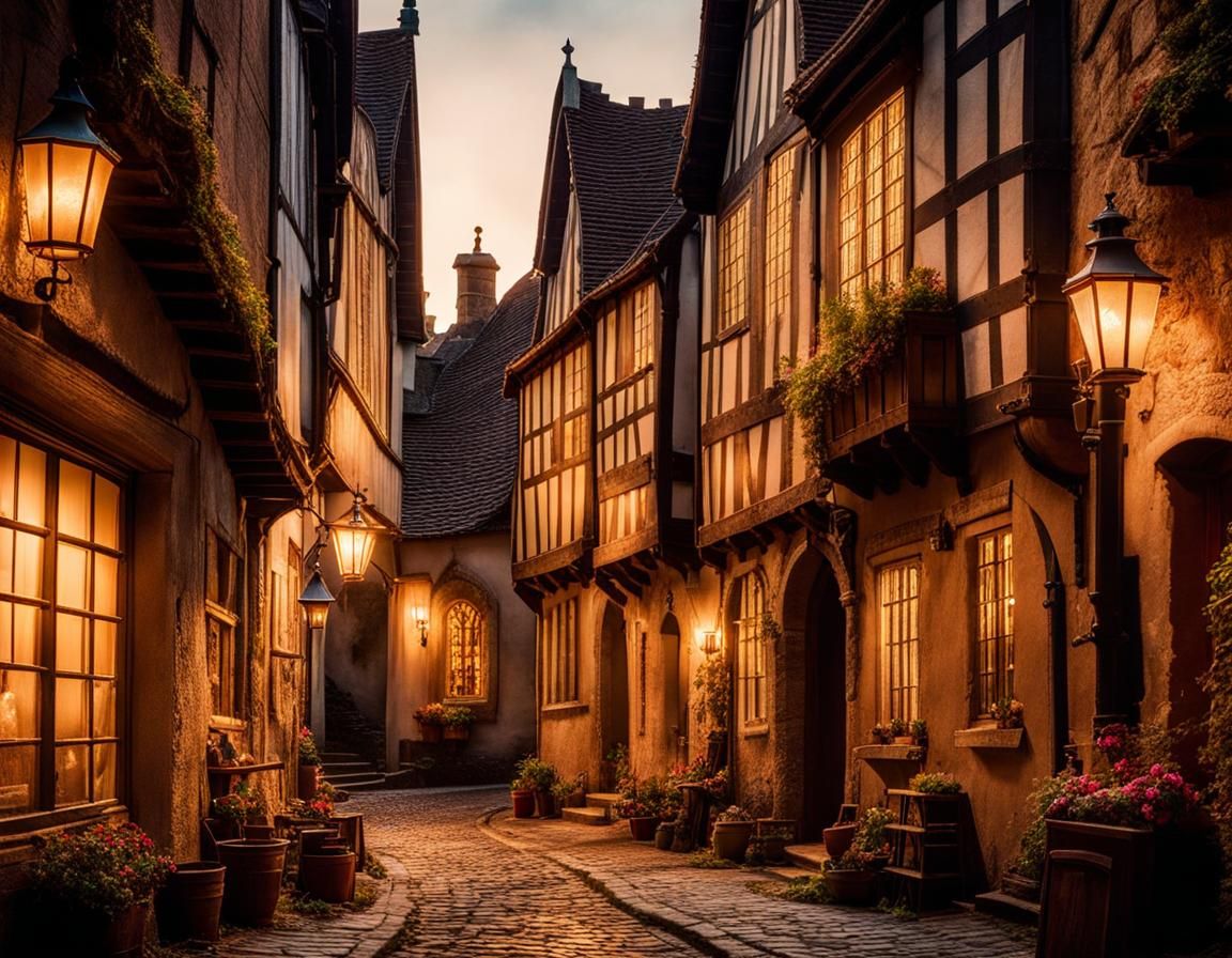 Dramatic Medieval City Streetscape at Magic Hour