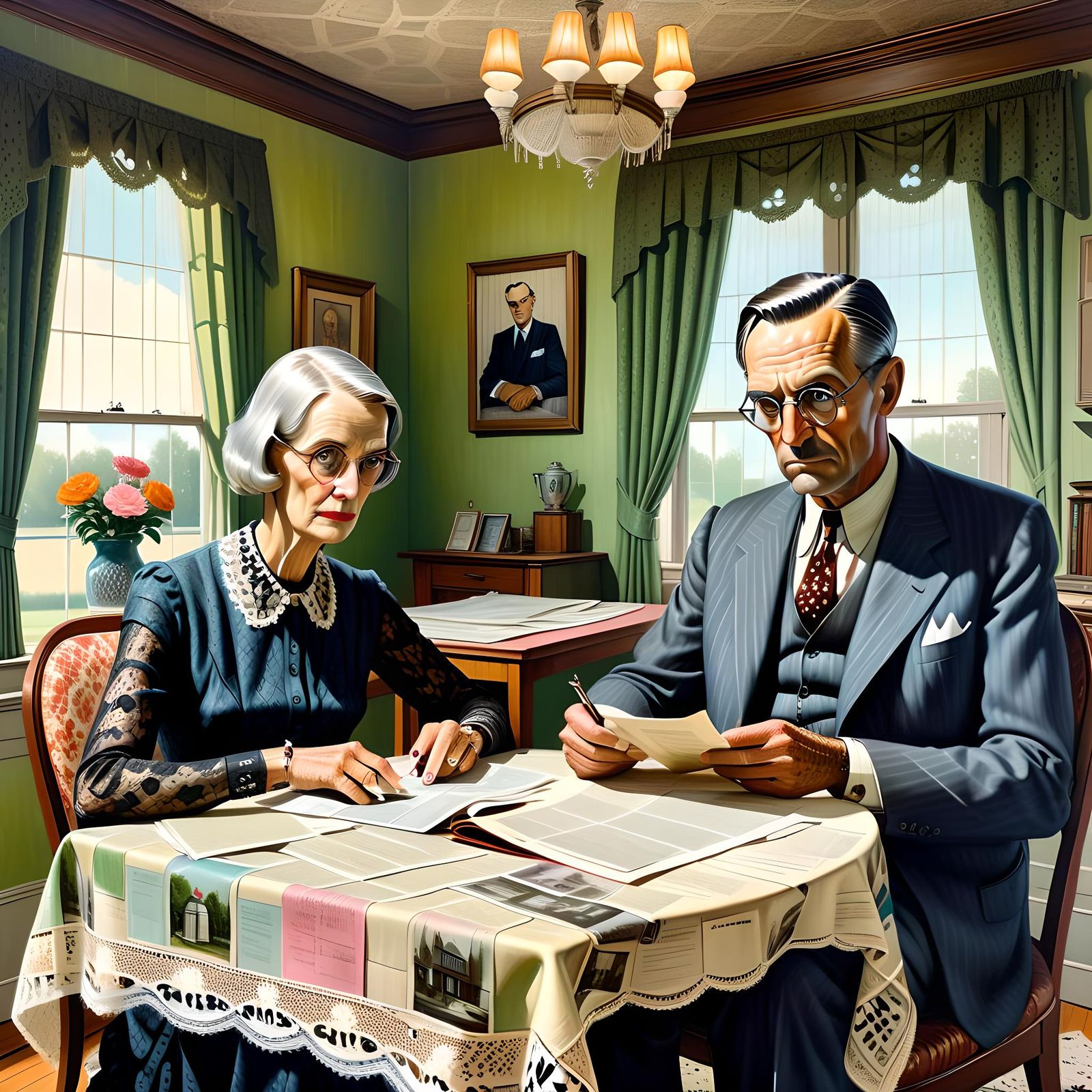 Embittered Couple Reads Bills, American Gothic Style