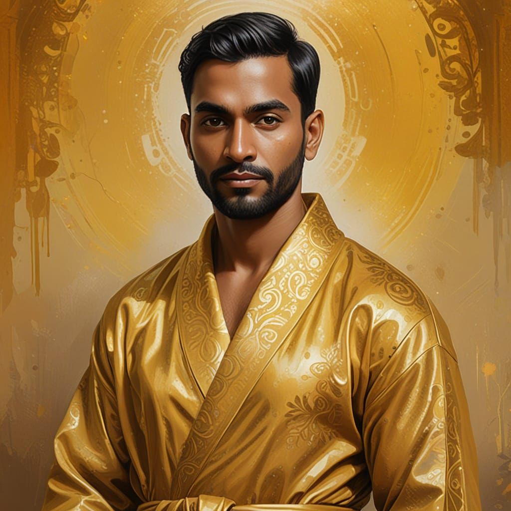 Elegant Hindu Man in Gold Robe, Impressionist Portrait