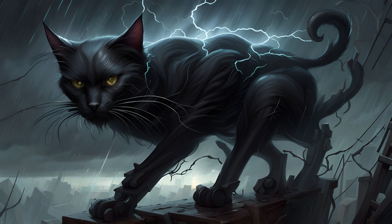 Menacing Black Cat in Dystopian Fantasy Art