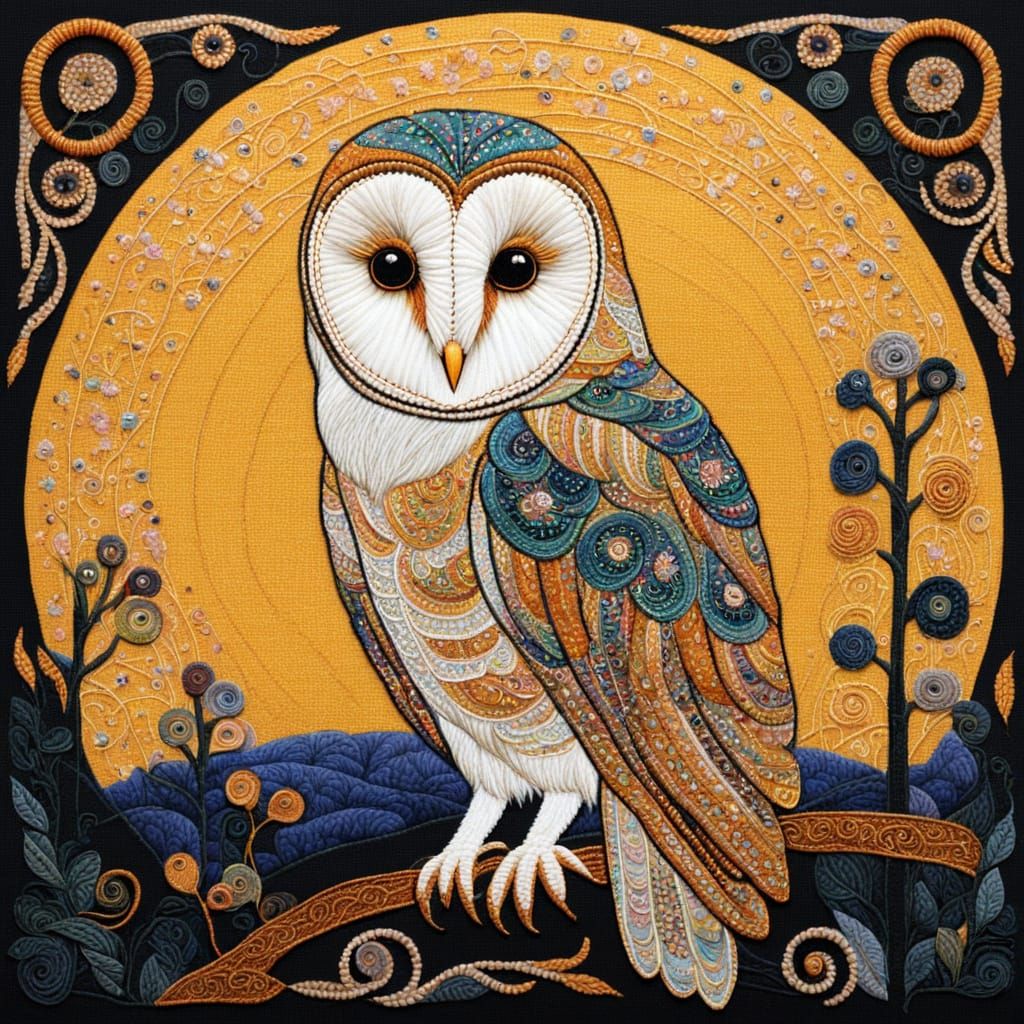 Barn Owl in Art Nouveau Embroidery Style